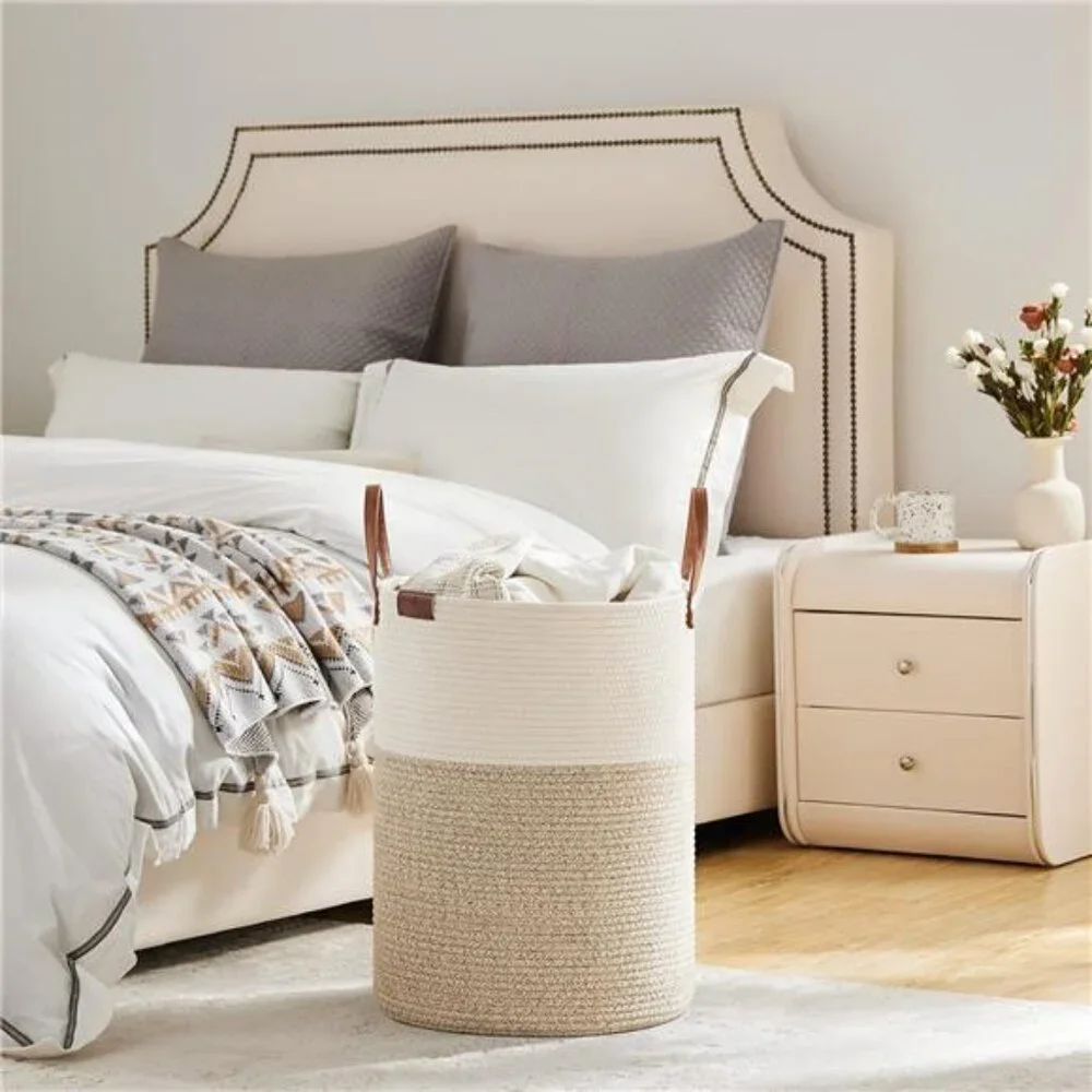 Tall Laundry Basket, Large Dirty Clothes Hamper with Leather Handle